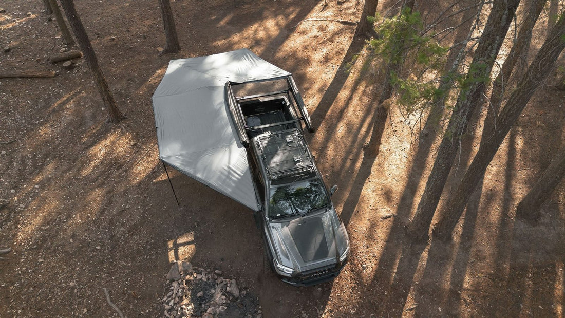 Taruca Rogue 270+ XC awning overhead view showing the full shade footprint around the truck