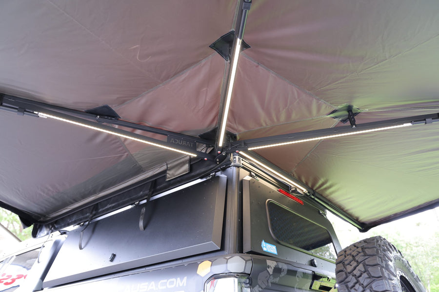 Taruca Rogue 270 S awning underside with integrated LED light bars in white