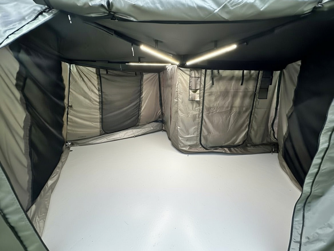 Interior of the annex with mesh windows and LED strips