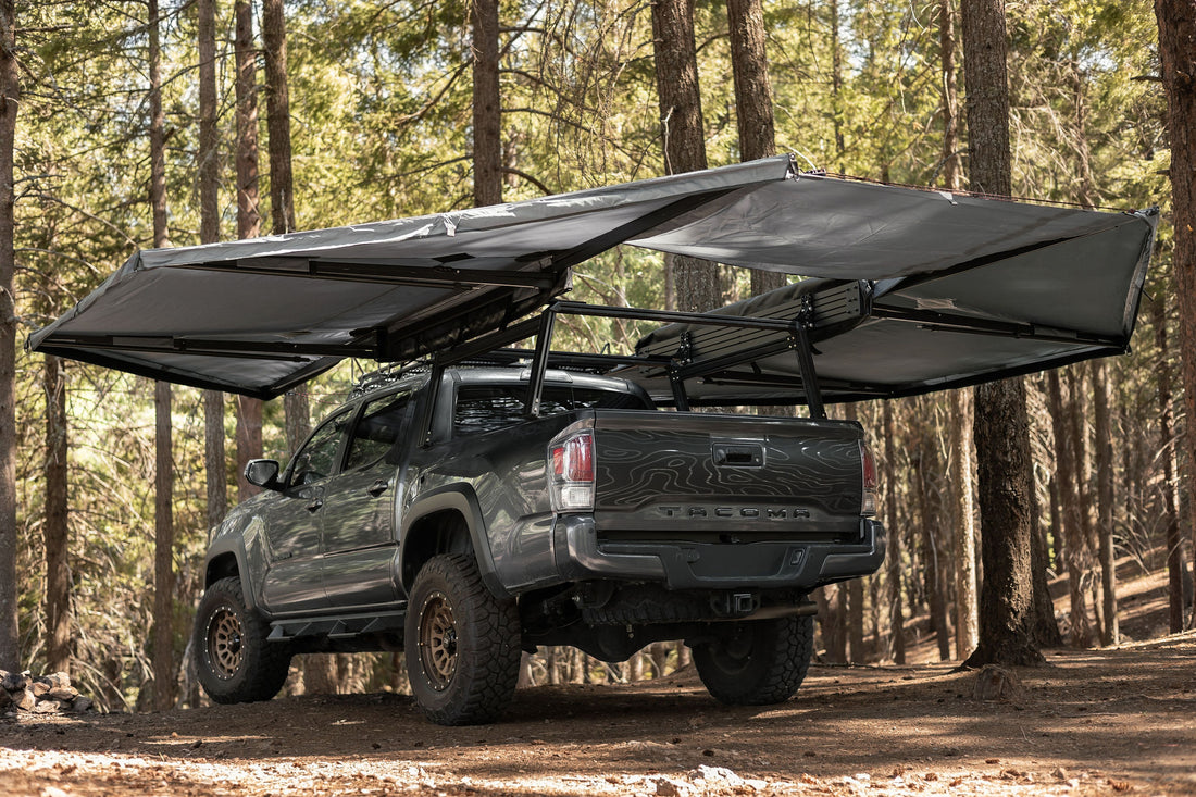 Taruca Rogue 180 Dual awning dual awnings deployed freestanding on a Tacoma