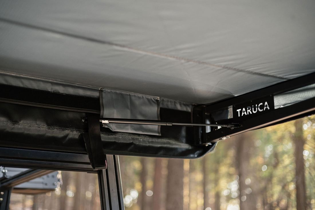 Taruca Rogue 6FT awning frame and hinge close-up