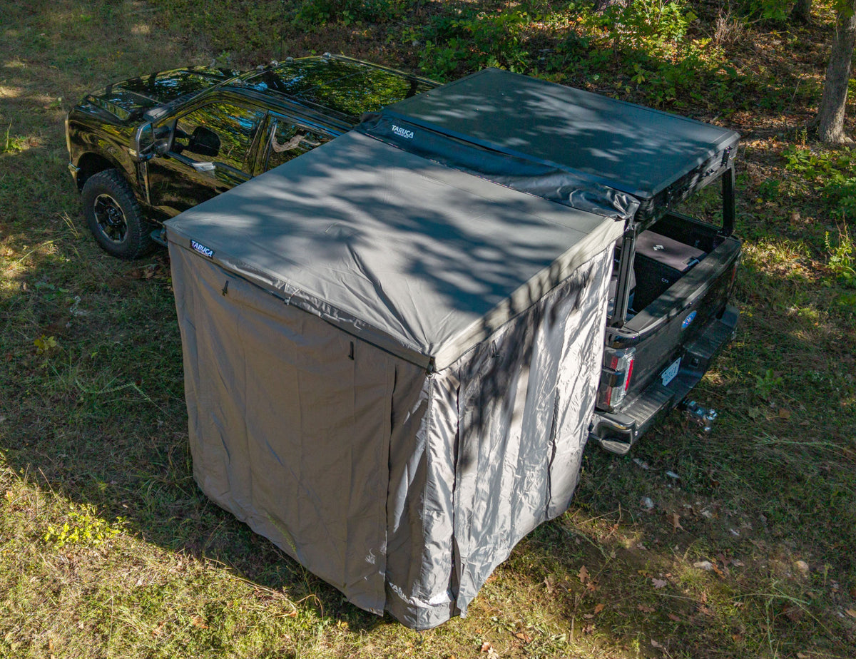 Taruca 8ft cube kit overhead aerial of square grey annex on black F-150