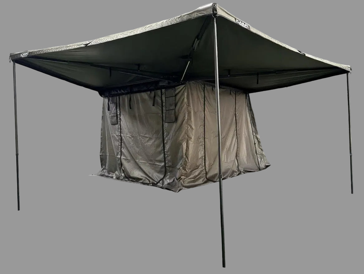Taruca 270 S wall kit studio 270 awning over tan annex room with black poles