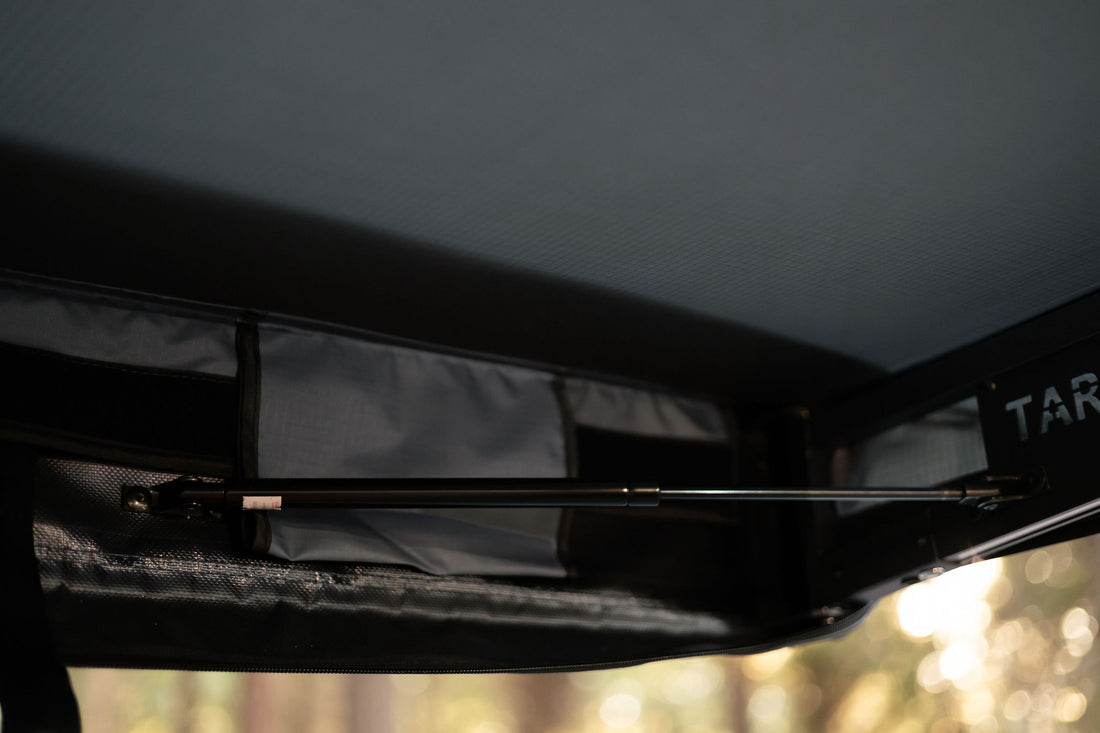 Taruca Rogue 8FT awning frame and hinge close-up