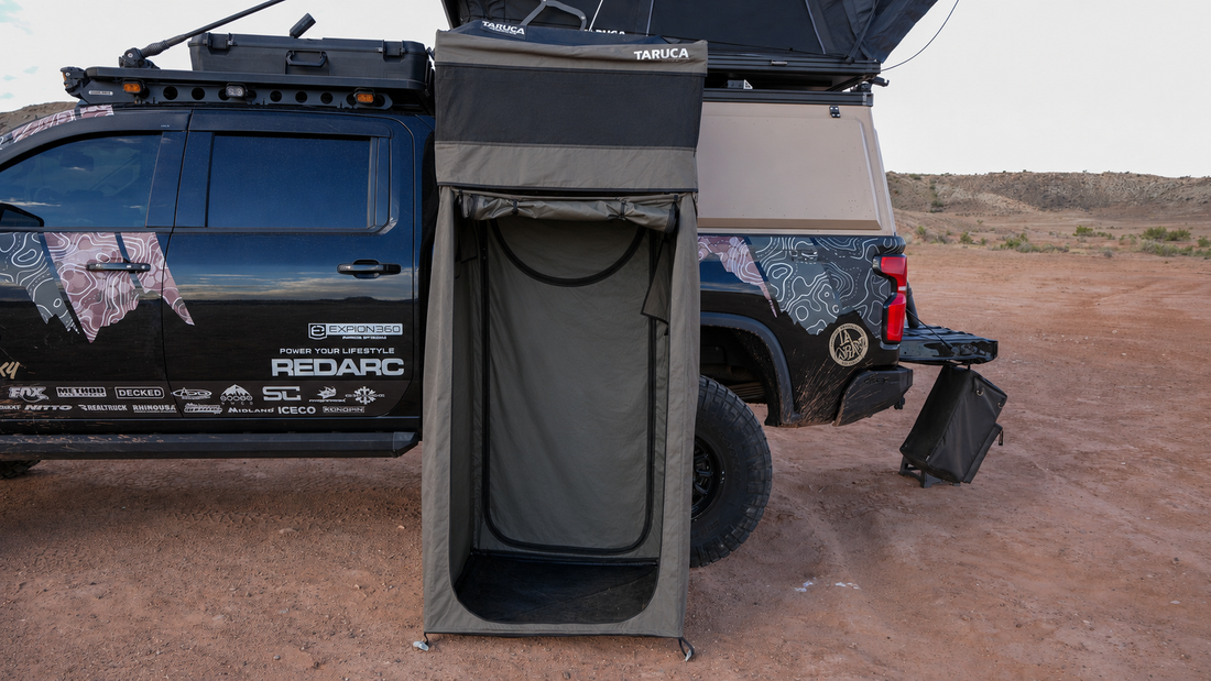 Taruca Ensuite Shower 2.0 shower cube with front panel open in desert